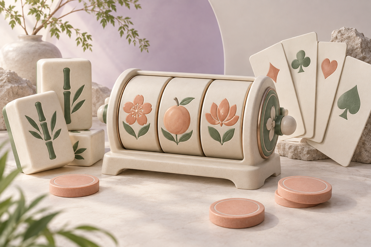 Ilustrasi ubin mahjong, gulungan simbol, dan kartu dalam warna lilac.