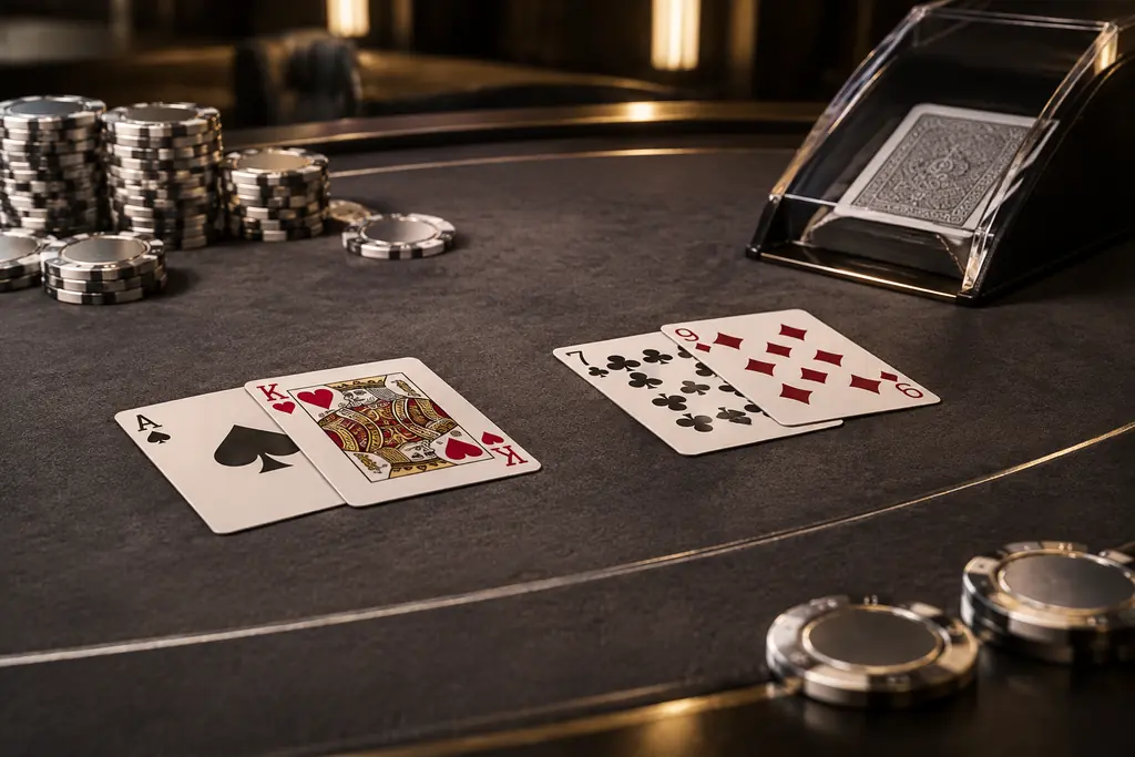 Kartu dan sepatu kartu di meja baccarat