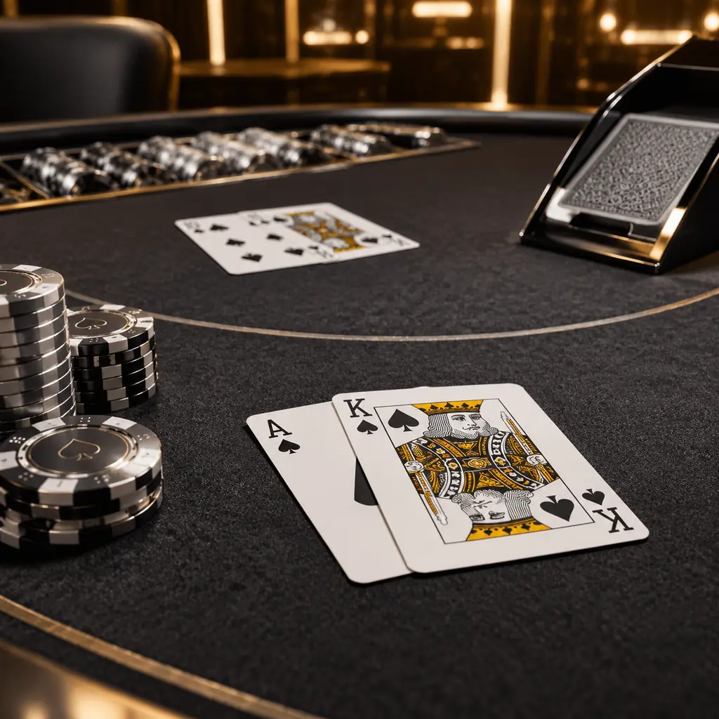 Dua kartu dan chip pada meja blackjack