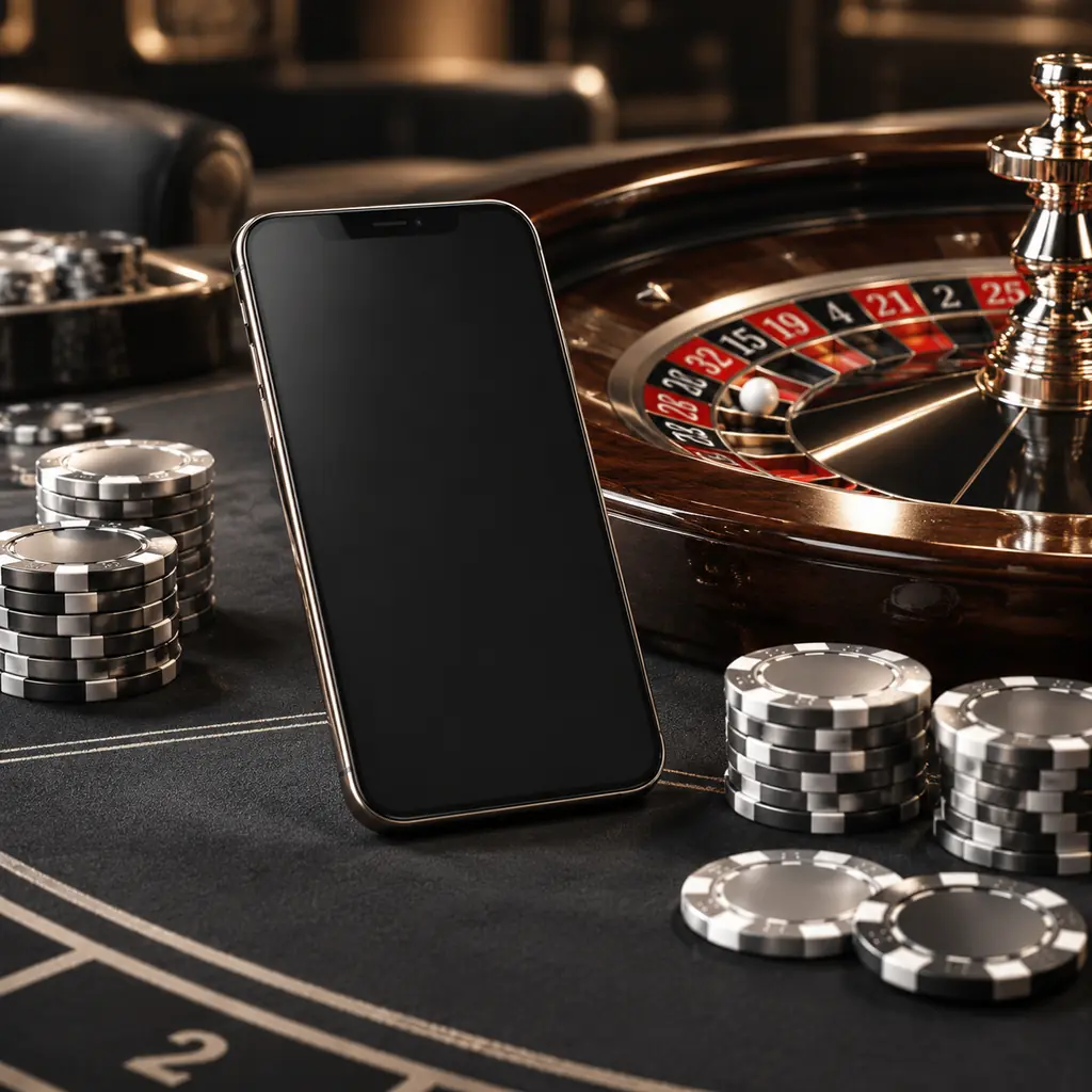 Ponsel dengan layar netral di dekat meja roulette