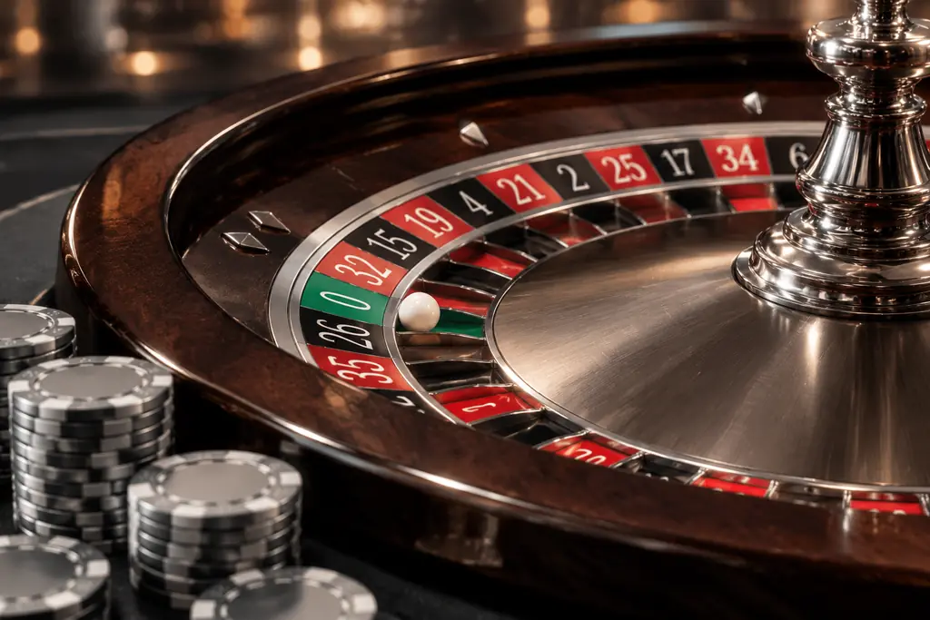 Roda roulette dan chip di meja kasino